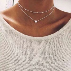 Dainty Silver Heart Beaded Double Strand Layered Choker Necklace